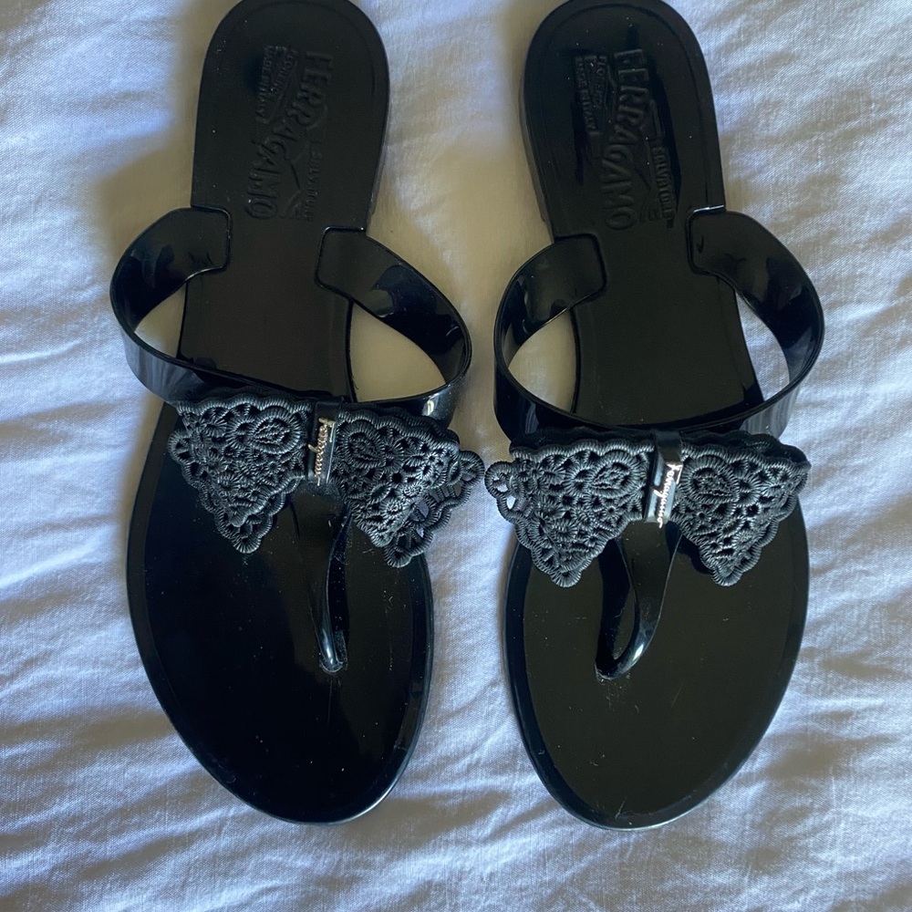 Salvatore Ferragamo Black Jelly Sandals with Lace Bow